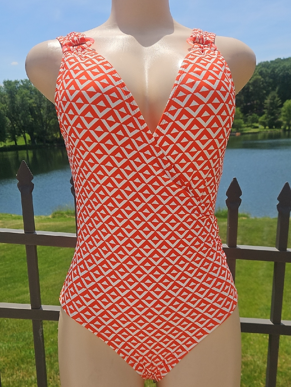 Women's  Orange Geometric One-Piece Swimsuit